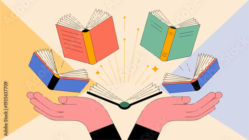 Hands holding and releasing colorful books in the air with open book in the middle on a pastel background