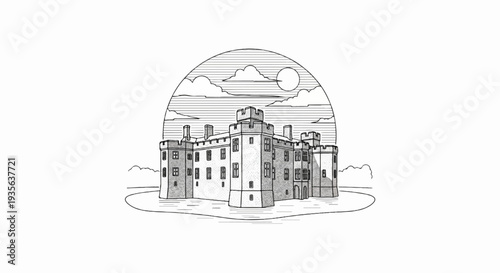 Medieval stone castle with crenellated towers surrounded by water under a arched sky