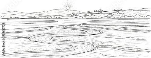 Sunrise over a meandering river flowing through rolling hills with scattered trees