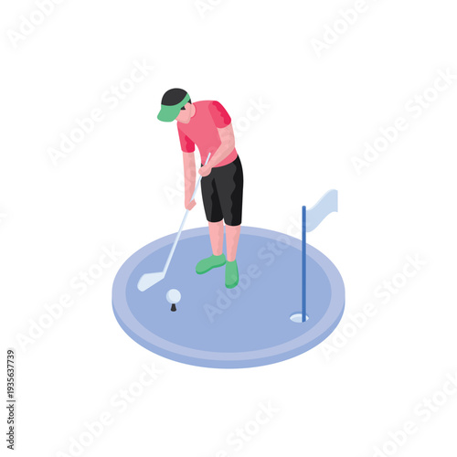 Cartoon Male Golfer Putting Ball into Mini Golf Hole.