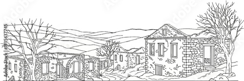 Dilapidated stone buildings stand beneath rolling hills, bare trees reaching skyward