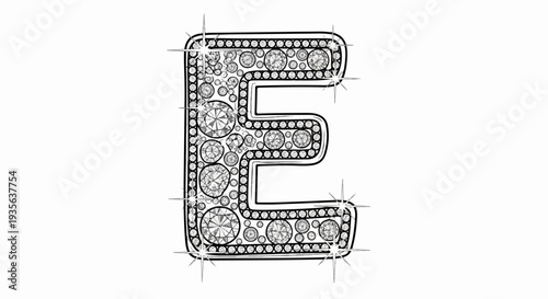 Ornate capital letter E encrusted with sparkling diamonds, outlined in black