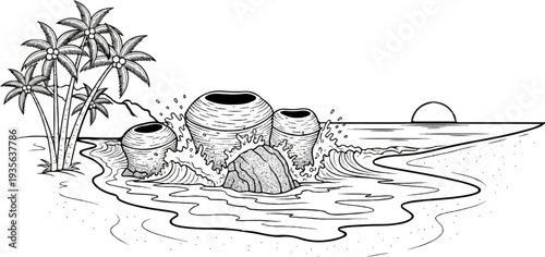 Tropical beach scene with palm trees, amphorae, rocks, and sunset