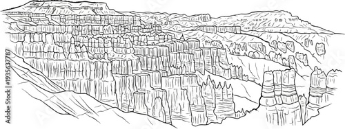 Detailed line drawing of towering hoodoos and layered rock formations under a wide sky