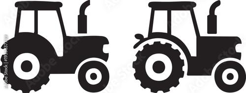 Farm Tractor Silhouettes Pair - Side View Classic Tractors with Exhaust Vector Icons Isolated on White