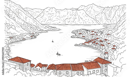 Black and white sketch of a coastal village nestled in a bay with mountains behind
