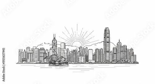Panoramic sketch of a city skyline with a ferry, sunburst, and water