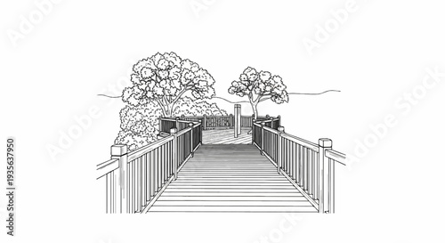 Wooden walkway leads to a scenic overlook with trees and distant hills