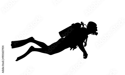 Underwater scuba diver silhouette with oxygen tank and fins swimming