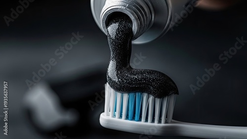 A close-up shows black paste being squeezed onto a toothbrush with blue bristles