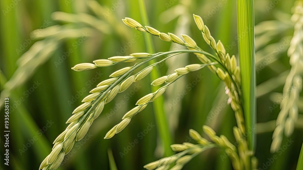 Naklejka premium Close-up of rice plant with light green grains and leaves in a sunny field
