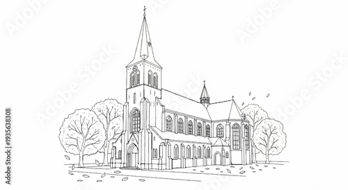 A detailed line drawing of a gothic-style church with trees and fallen leaves