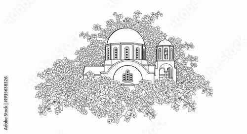Ornate church structure with domes and bell tower amid abundant blooming flora