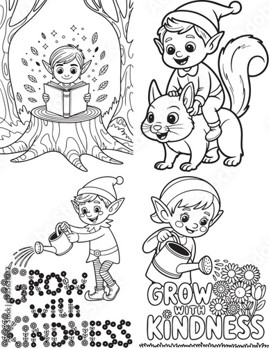 Elf reading book on tree stump and elf riding squirrel with watering can Coloring Book page Bundle
