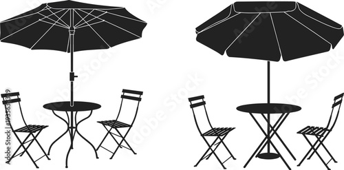 Outdoor cafe furniture set table chairs with umbrella patio restaurant seating silhouette vector illustration terrace dining isolated design