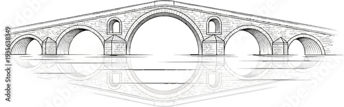 Monochromatic sketch of a stone bridge with arched openings and water reflections