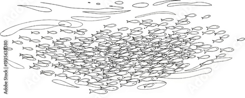 A school of small fish swims together in a vast, pale underwater environment