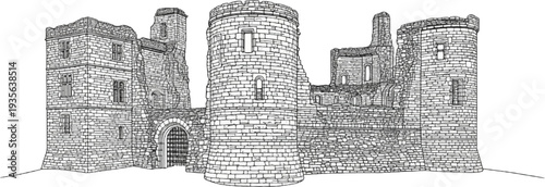 Outline sketch of a large, imposing stone castle in ruins with multiple towers