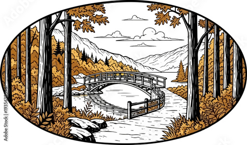 Autumn forest path leads over a graceful bridge across a tranquil lake