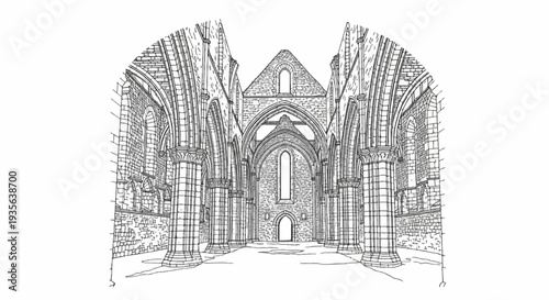 Stone ruins of a grand medieval structure with arched openings