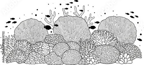 Detailed black and white illustration of a vibrant coral reef with fish