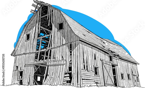 Stylized sketch of a dilapidated wooden barn with a bright blue sky accent