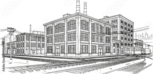 Vintage factory with train tracks and trolley car, urban industrial scene