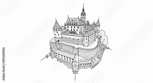 Detailed ink drawing of a large, multi-turreted stone fortress with a prominent spire