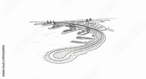 Sketch of a coastal city with a harbor, cranes, ships, and a winding road