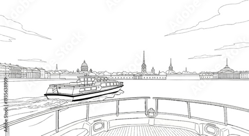 View of city skyline with dome, spire, and buildings from a boat on the water