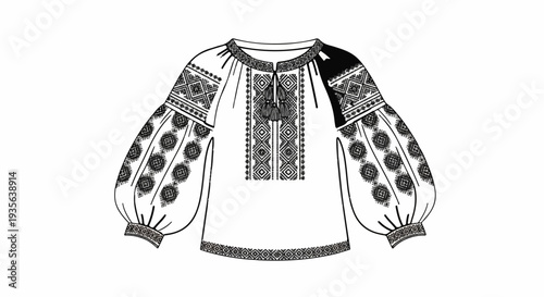 Detailed black and white sketch of an embroidered white peasant blouse