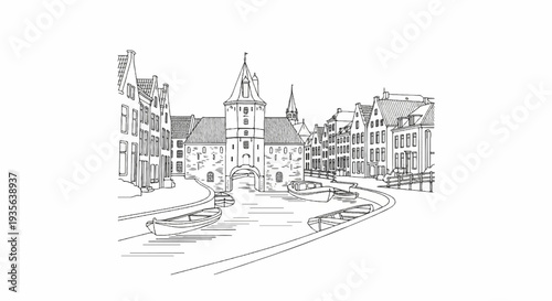 Sketch of old European canal town with arched gateway and boats