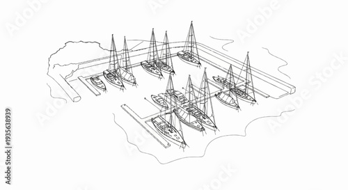 A sketch of a busy marina filled with sailboats and small motorboats