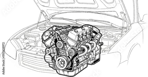Detailed line drawing of a car engine with hood and front grill visible