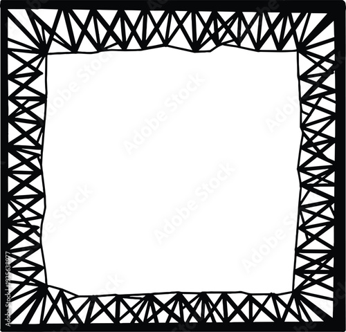 Black abstract hand drawn geometric frame with messy lines and triangle shapes on white background providing a creative border for photography and modern graphic design