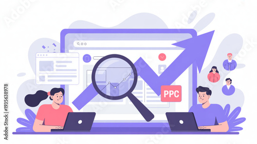 Digital marketing team analyzing ppc campaign on computer screens with magnifying glass