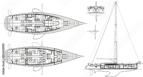 Detailed architectural blueprint of a sailing yacht's interior and exterior views