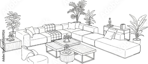 A modern sectional sofa with plants and tables in a minimalist sketch