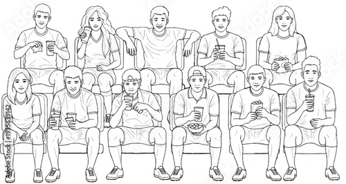 A group of young adults in casual attire watch something, holding drinks and snacks