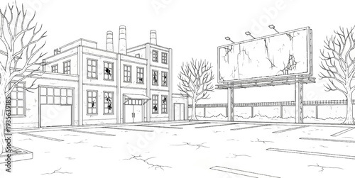 Dilapidated industrial building with broken windows and billboard