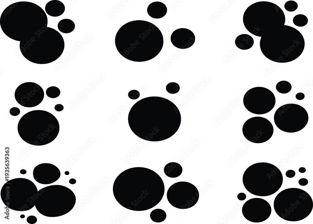 Fototapeta premium Set of black round circle bubble silhouettes and realistic abstract liquid droplets for modern vector design