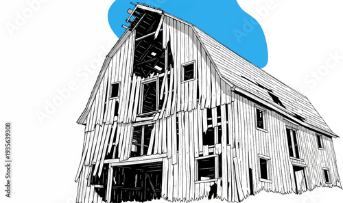 Dilapidated wooden barn with broken roof and walls against blue sky