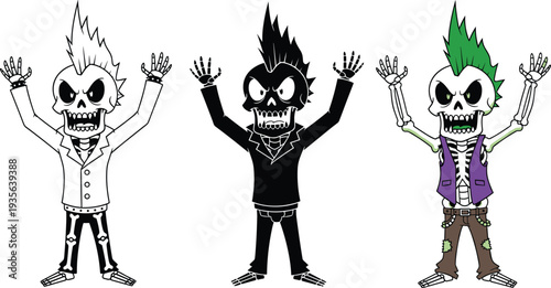 Punk Skeleton Character Set with Mohawk Hairstyle in Outline, Silhouette and Colored Style for Halloween Cartoon Mascot Illustration DesignPunk Skeleton Character Set with Mohawk 