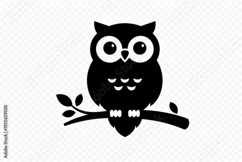 Cute Black Owl Silhouette Vector Illustration on Branch | Minimalist Cartoon Bird Icon with Big Eyes for Nature, Education, or Animal-Themed Designs – Transparent Background Graphic