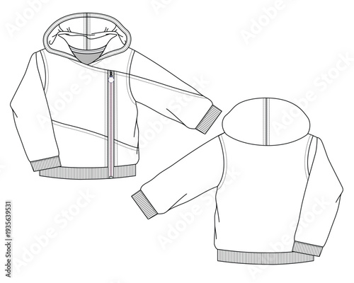 Kids pullover hoodies vector mockup template technical flat design.