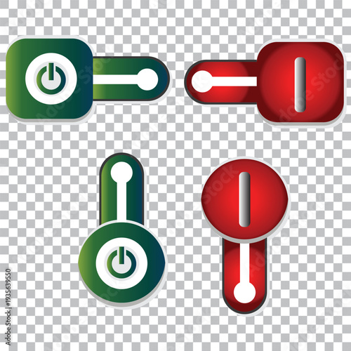 Set of vector illustration of toggle switches interface buttons showing on and off states in green and grey colors for app ui, settings control, user experience and digital interface design