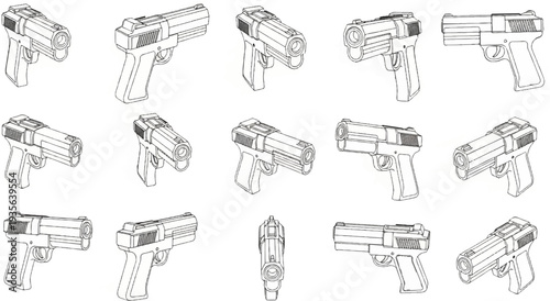Line art illustrations of a handgun from various angles and perspectives