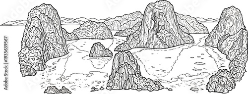 Karst landscape with jagged limestone islands in calm waters