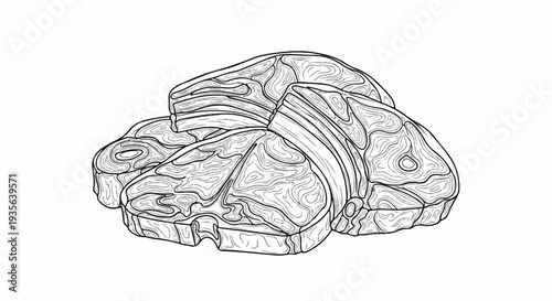 A black and white sketch of multiple raw steaks piled together