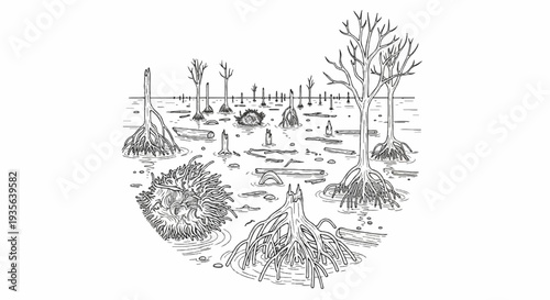 A black and white sketch of a swamp with tangled roots and decaying wood